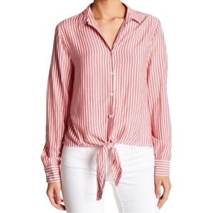 Beach Lunch Lounge Red and White Stripe Tie Front Button Down Blouse | Medium